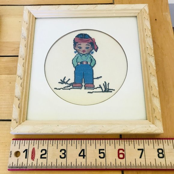 Hand Embroidered Petit Point Indigenous Boy & Girl Framed Burlington Art Shop - Picture 3 of 8
